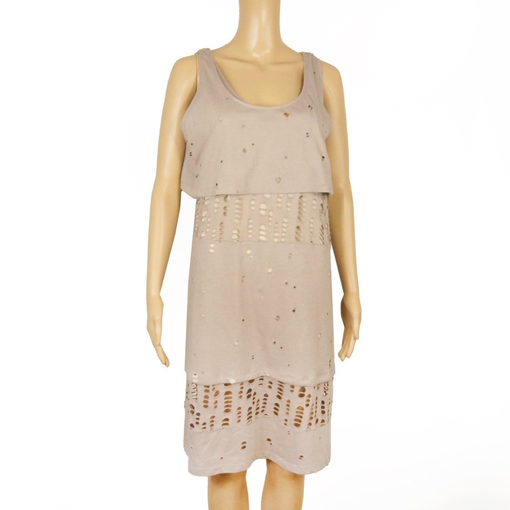 See by Chloe Taupe Distressed Hole Layer Sleeveless Dress